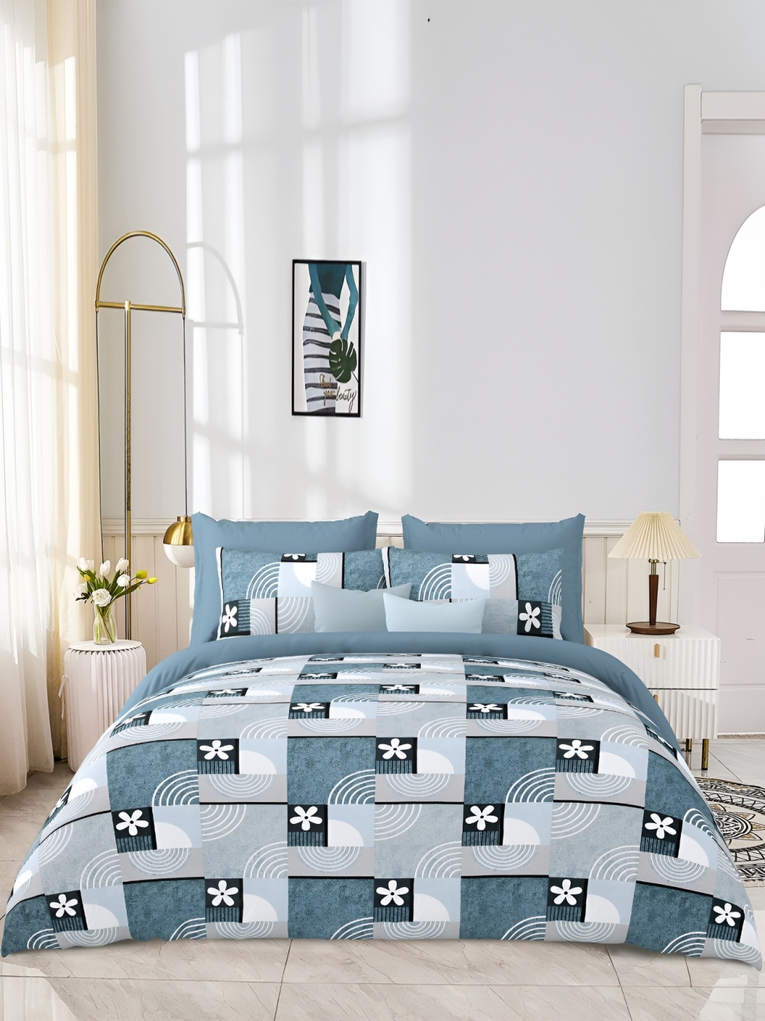 

JAIPUR PRIME Green & White Geometric Cotton 300 TC King Bedsheet with 2 Pillow Covers