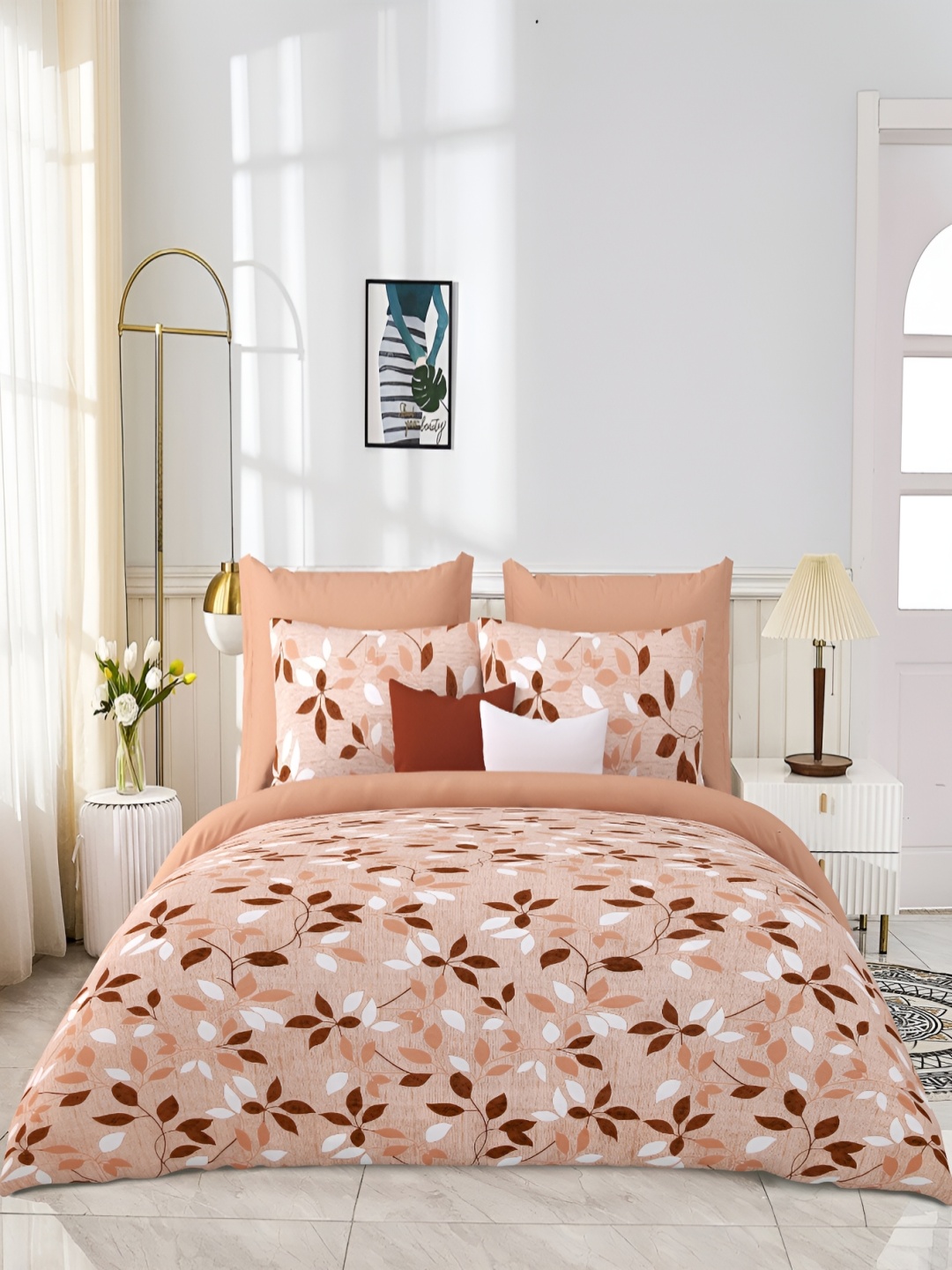 

JAIPUR PRIME Peach-Coloured Floral 300 TC Cotton Flat King Bedsheet With 2 Pillow Covers