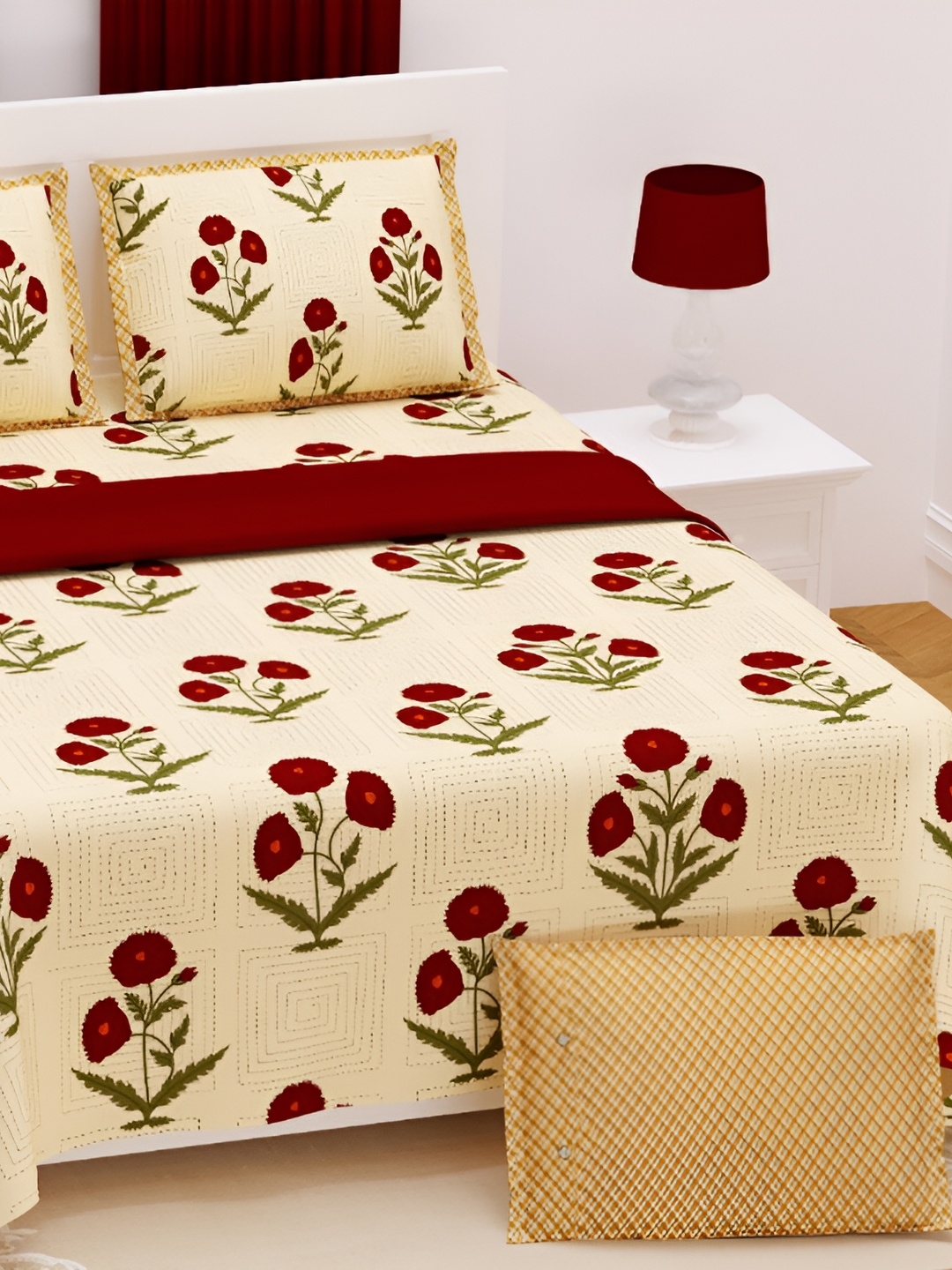 

JAIPUR PRIME Beige & Maroon Floral 210 TC Cotton Flat King Bedsheet With 2 Pillow Covers