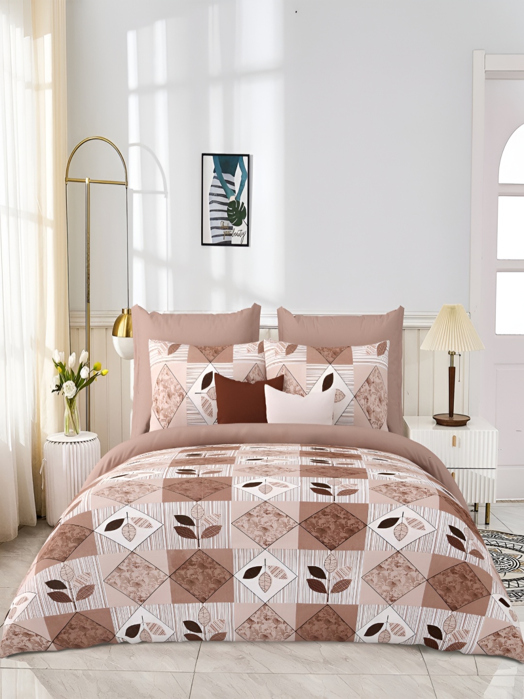 

JAIPUR PRIME Peach & Brown Geometric 300 TC Cotton Flat King Bedsheet With 2 Pillow Covers