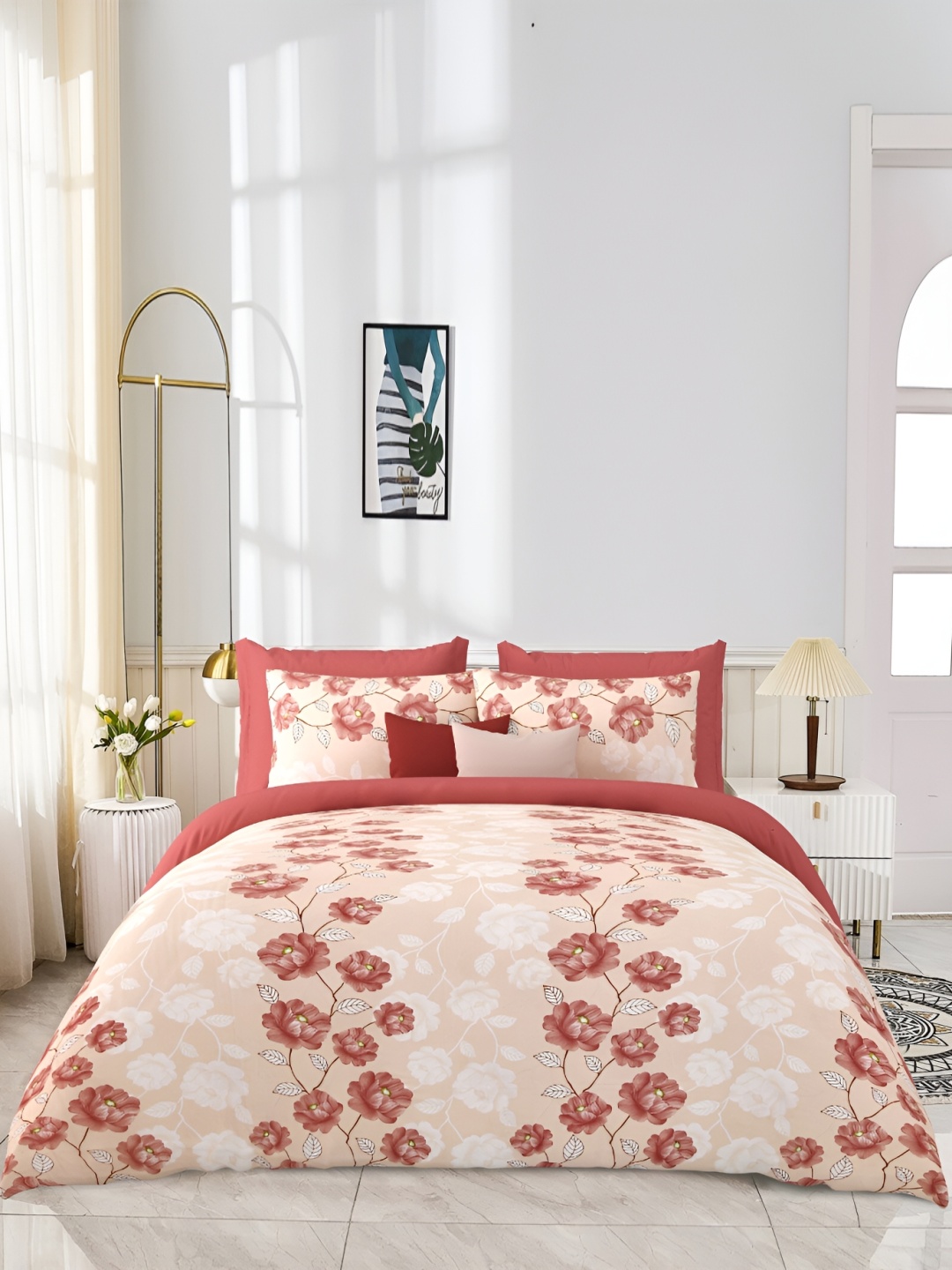 

JAIPUR PRIME Coral Floral 300 TC Cotton King Bedsheet with 2 Pillow Covers