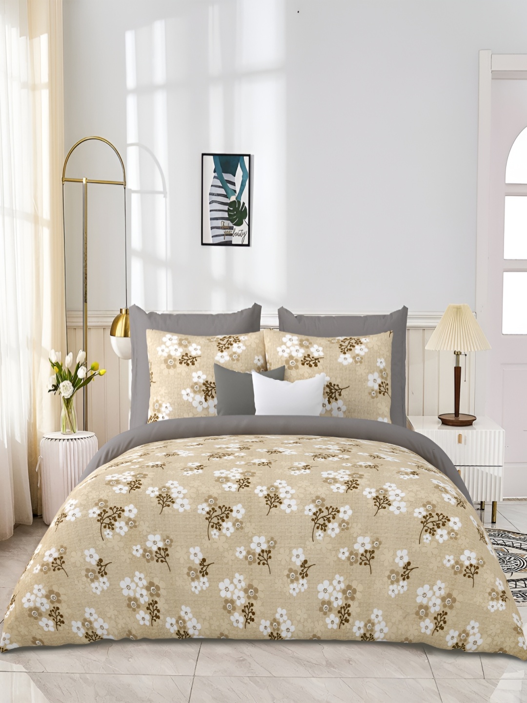

JAIPUR PRIME Beige Floral 300 TC Cotton King Bedsheet with 2 Pillow Covers