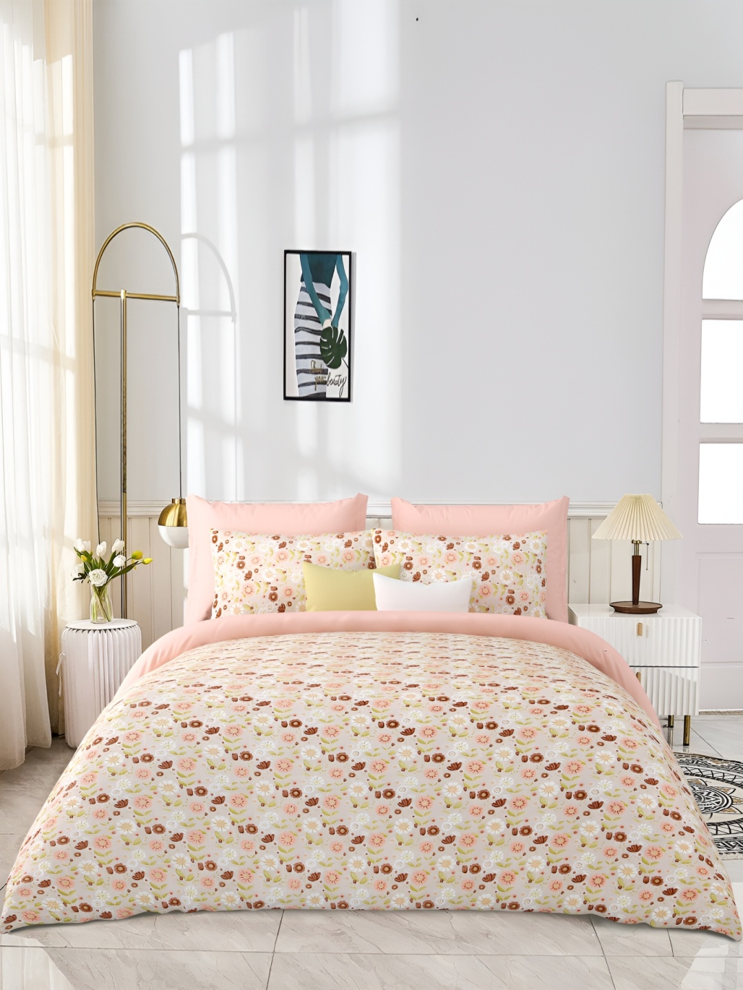 

JAIPUR PRIME Peach-Coloured Floral Cotton 300 TC King Bedsheet With 2 Pillow Covers