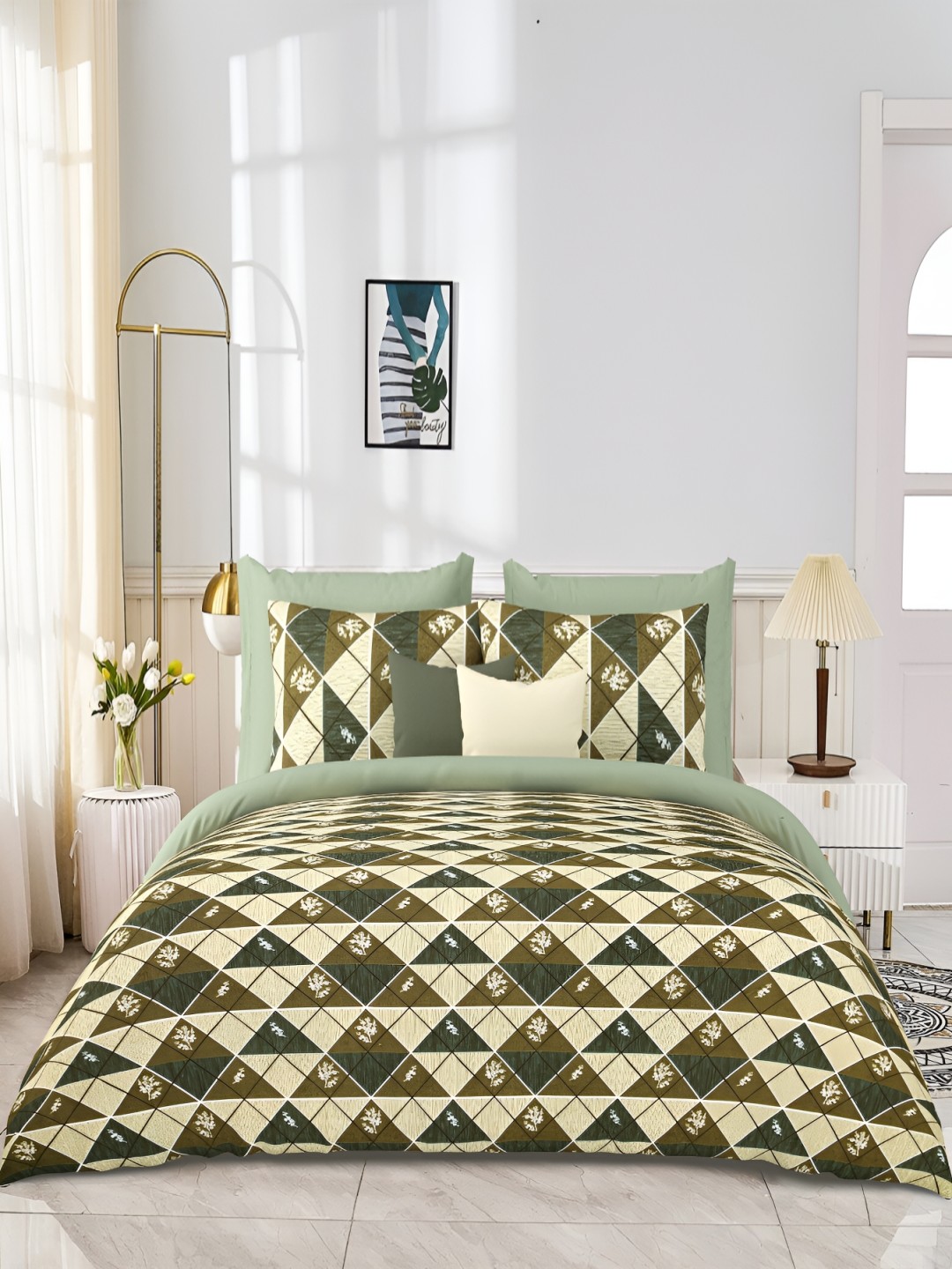 

JAIPUR PRIME Green & White Geometric Cotton 300 TC King Bedsheet With 2 Pillow Covers