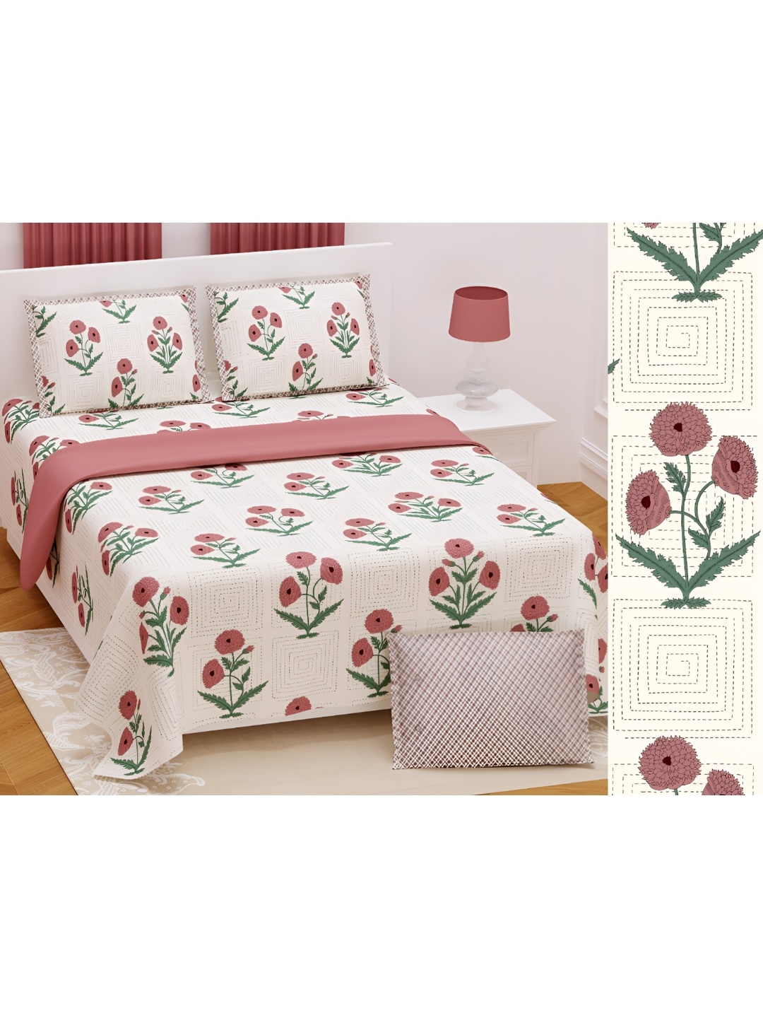 

JAIPUR PRIME Peach-Coloured Floral Cotton 210 TC King Bedsheet with 2 Pillow Covers