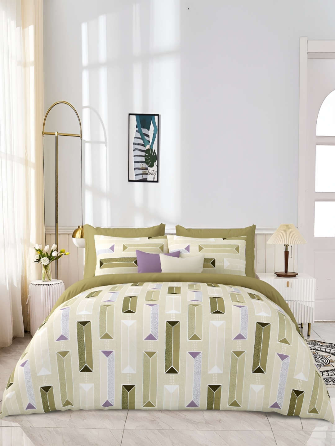 

JAIPUR PRIME Green Geometric Cotton 300 TC King Bedsheet with 2 Pillow Covers
