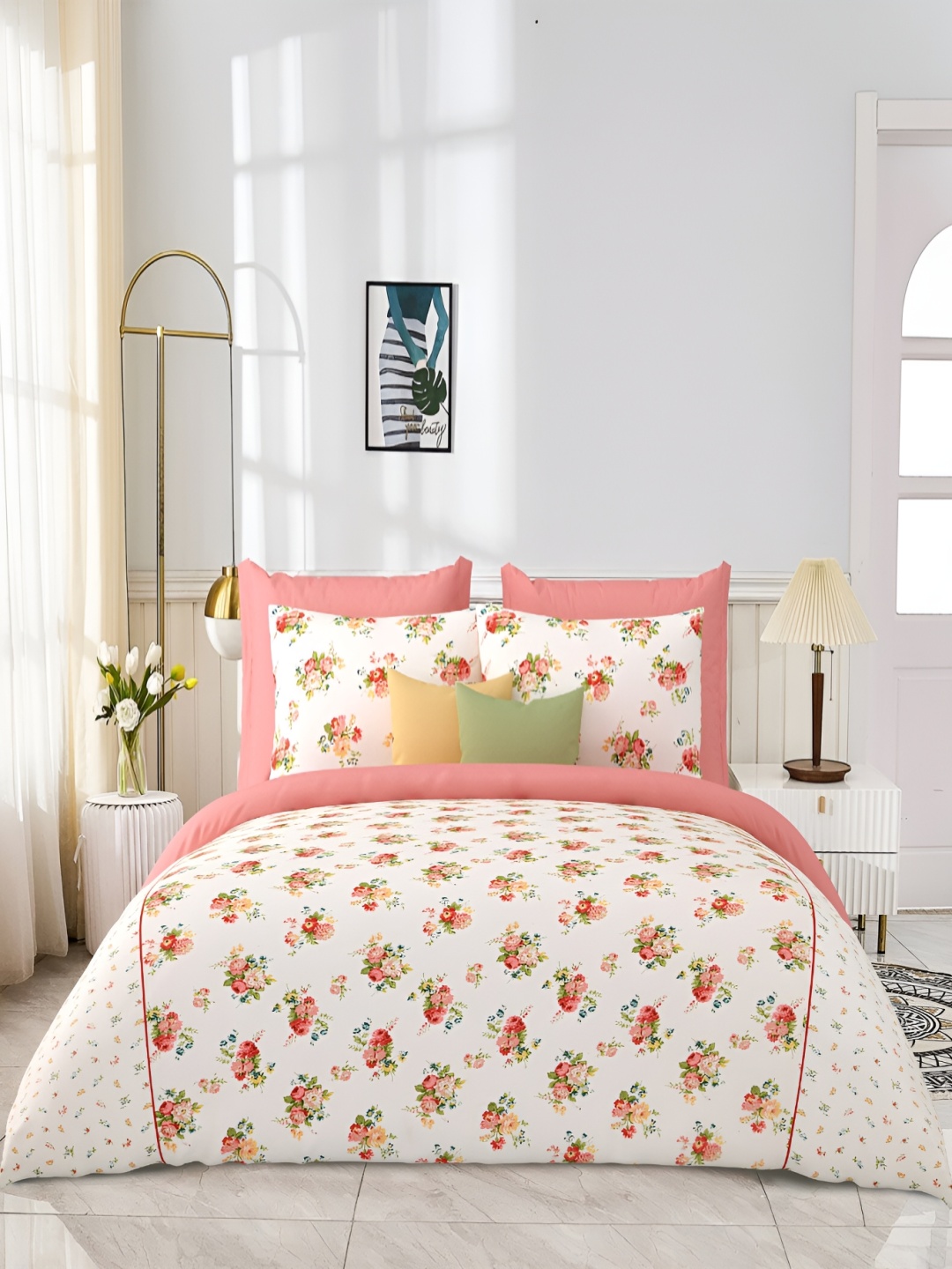 

JAIPUR PRIME Peach-Coloured Floral 300 TC King Bedsheet with 2 Pillow Covers