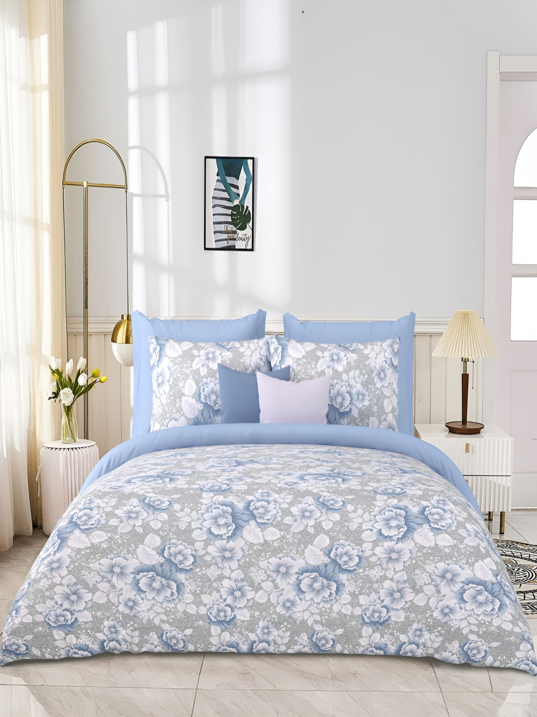 

JAIPUR PRIME Blue Floral 300 TC Cotton King Bedsheet with 2 Pillow Covers