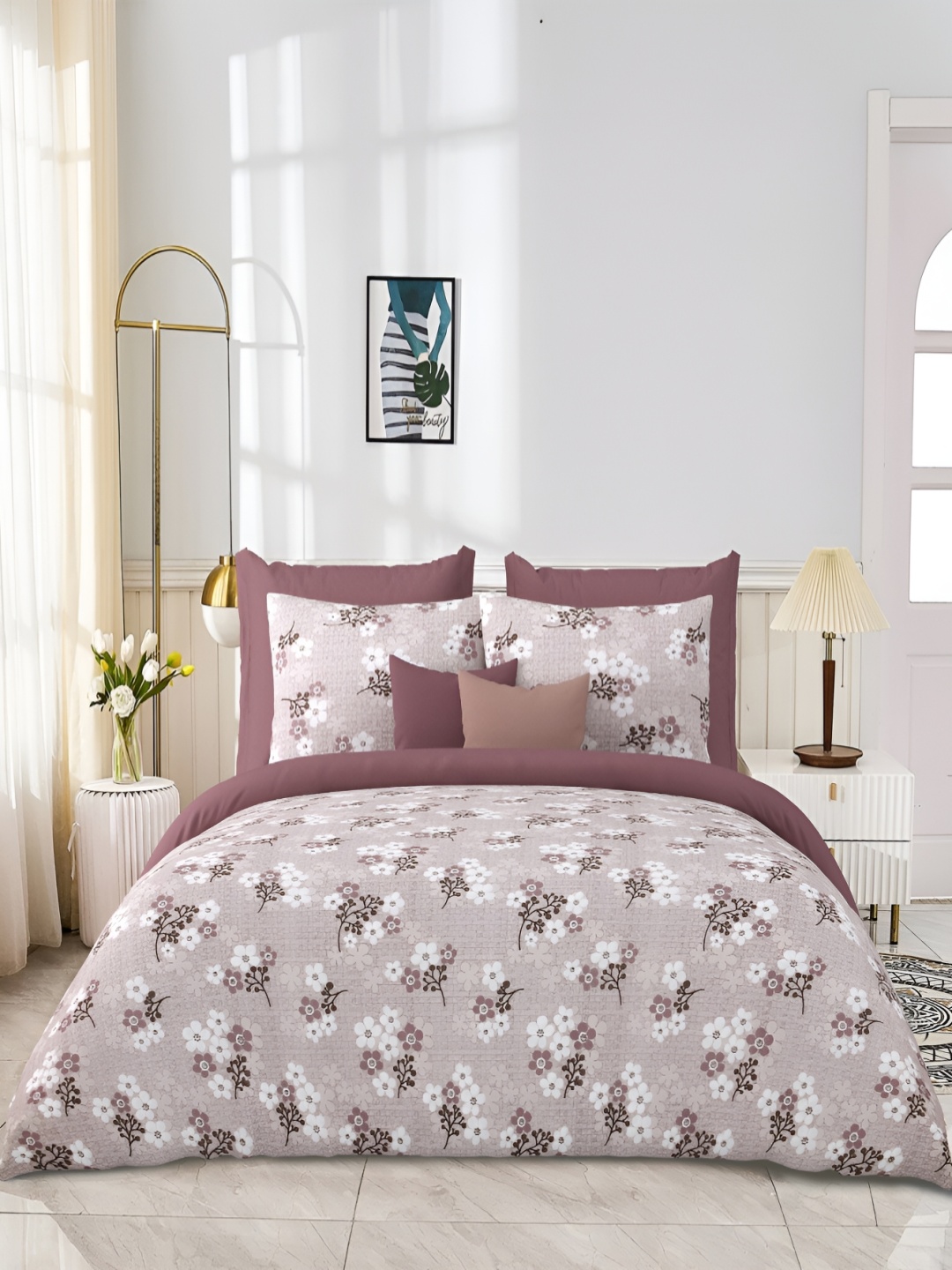 

JAIPUR PRIME Purple Floral Cotton 300 TC King Bedsheet With 2 Pillow Covers