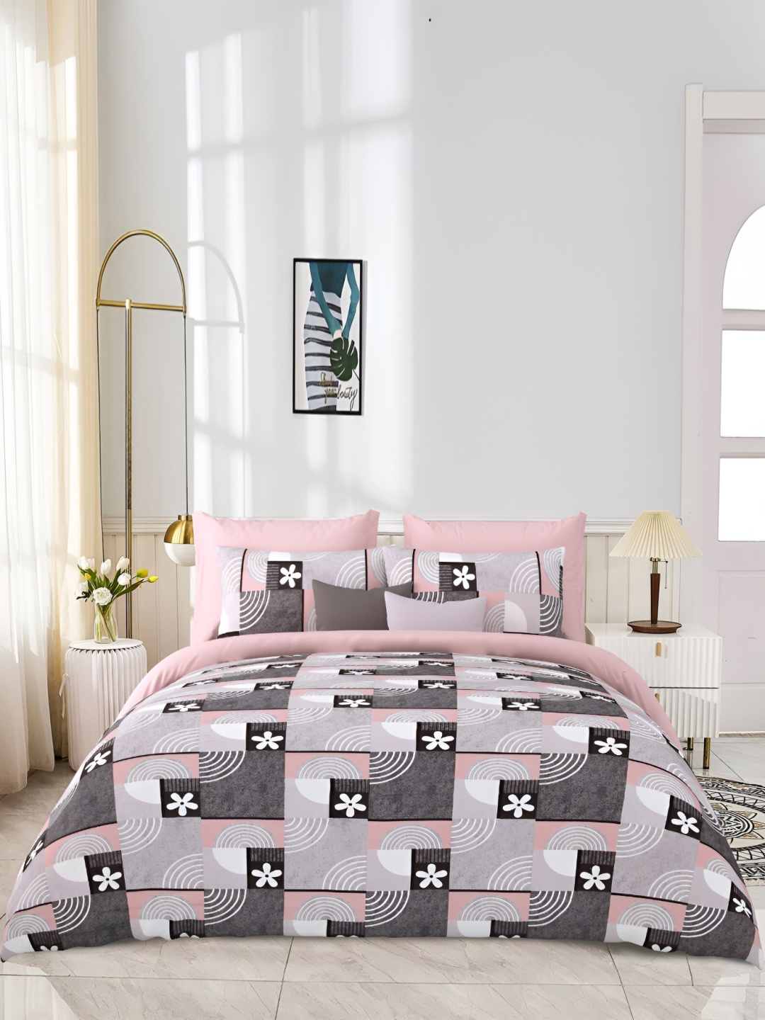 

JAIPUR PRIME Pink & Grey Geometric Cotton 300 TC King Bedsheet with 2 Pillow Covers