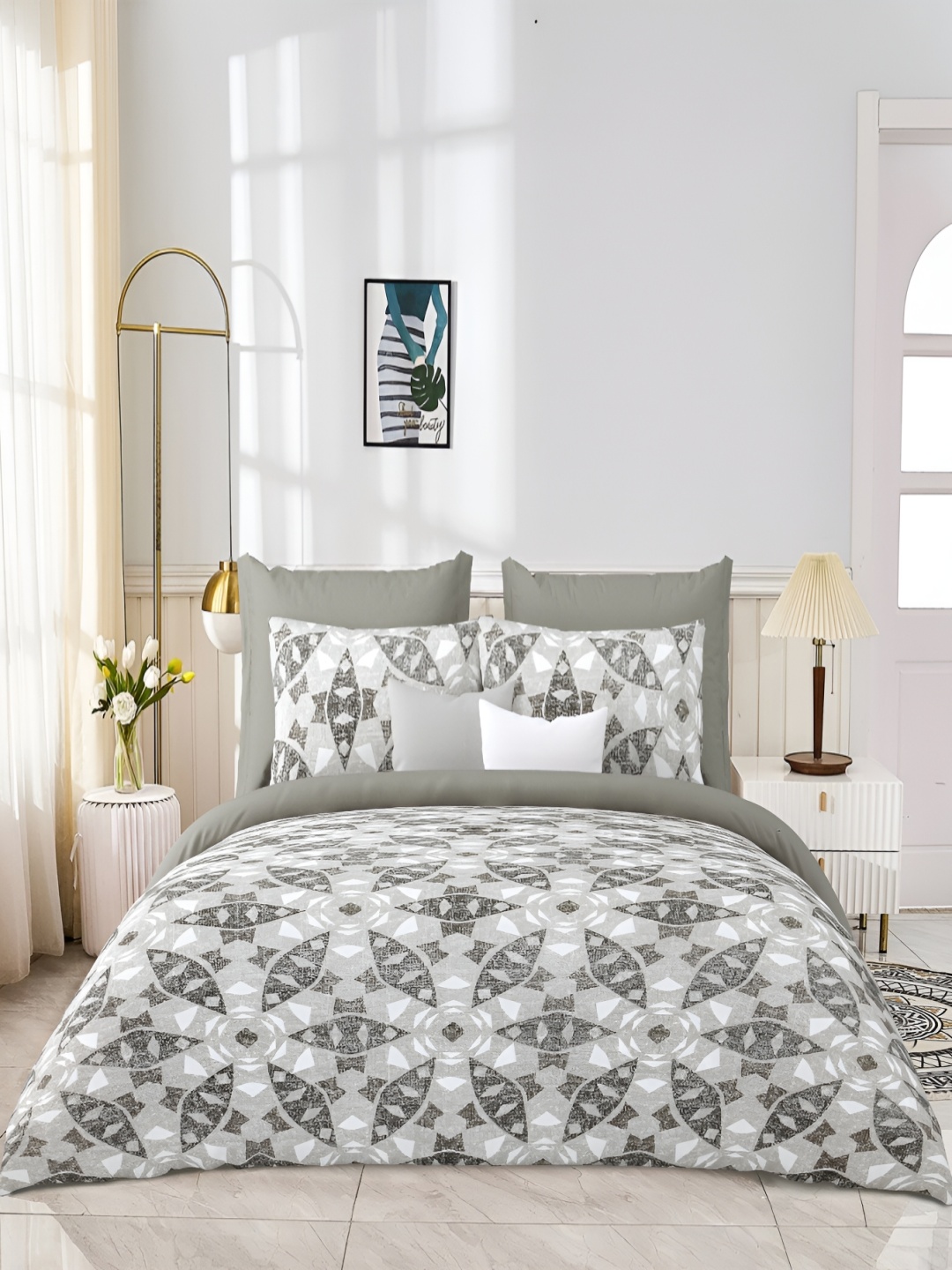 

JAIPUR PRIME Grey Geometric 300 TC King Bedsheet with 2 Pillow Covers