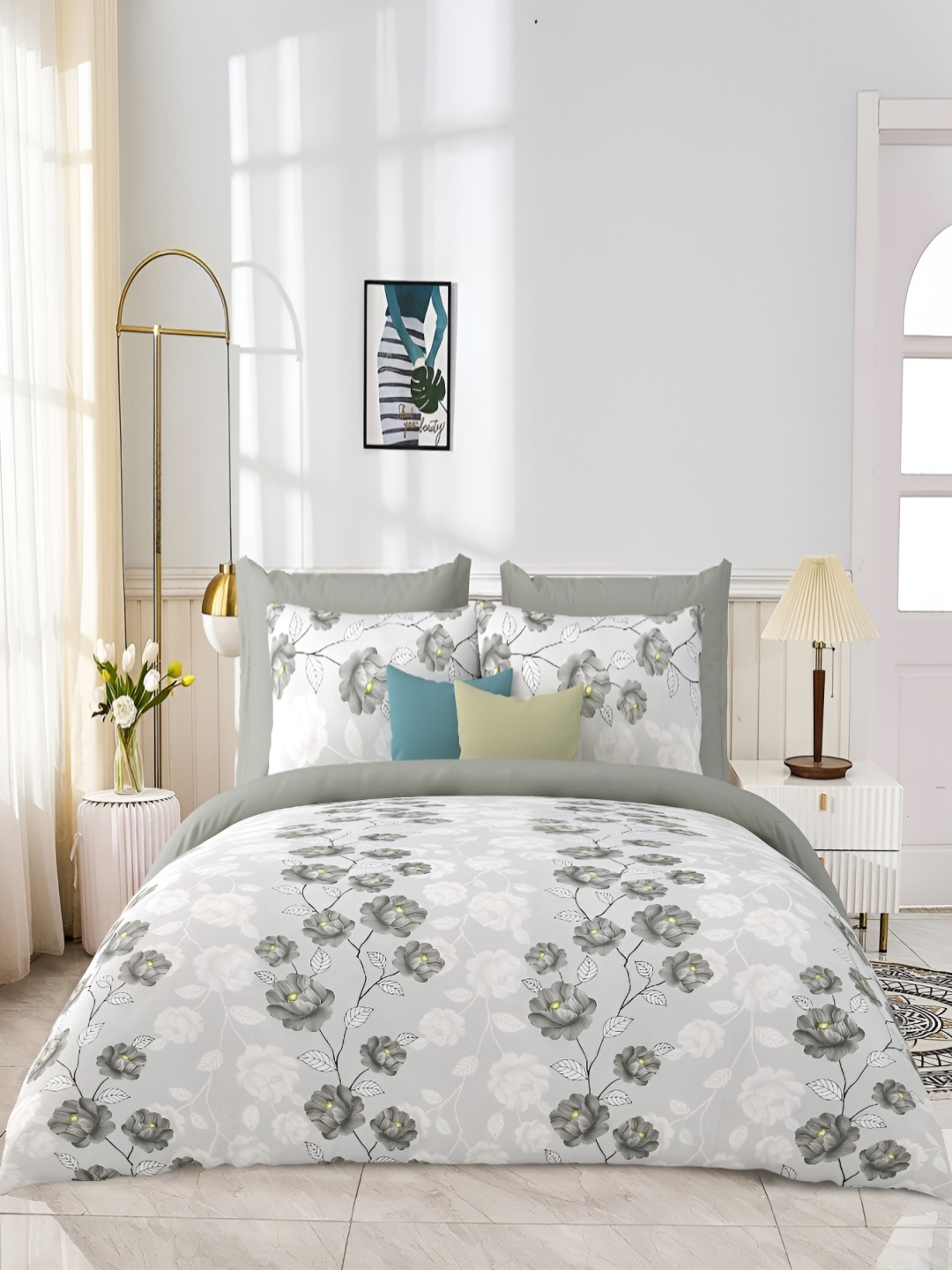 

JAIPUR PRIME Grey Floral 300 TC King Bedsheet with 2 Pillow Covers