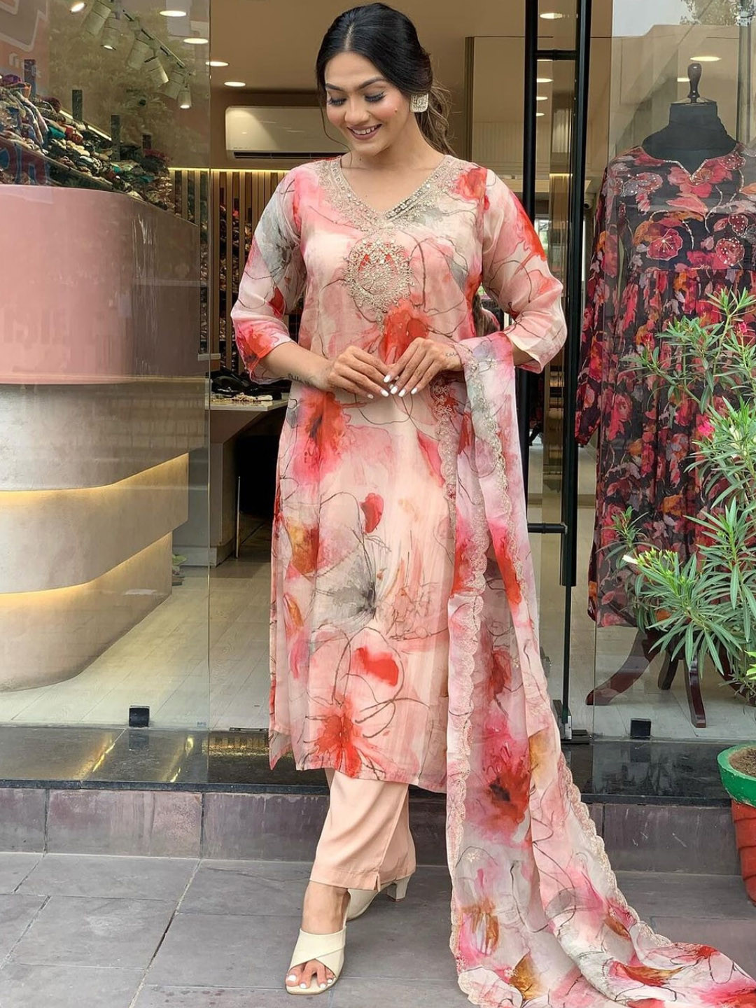 

KALINI Floral Printed Regular Kurta With Trousers & Dupatta, Peach