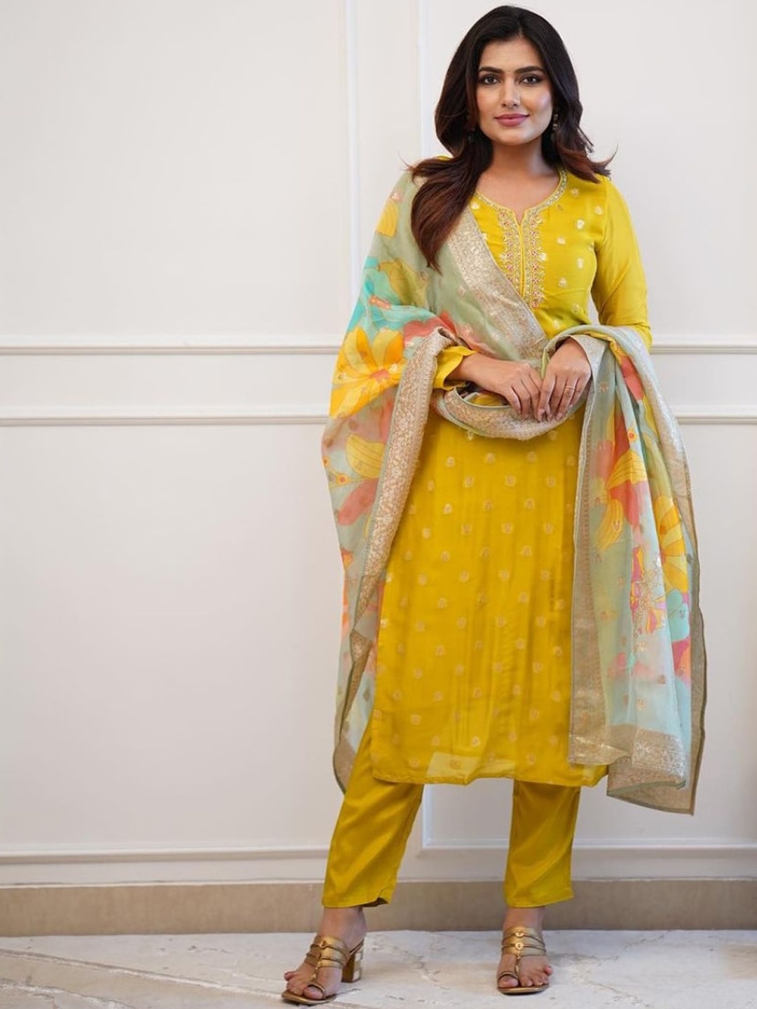 

KALINI Ethnic Motifs Embroidered Regular Thread Work Kurta with Trousers & Dupatta, Yellow