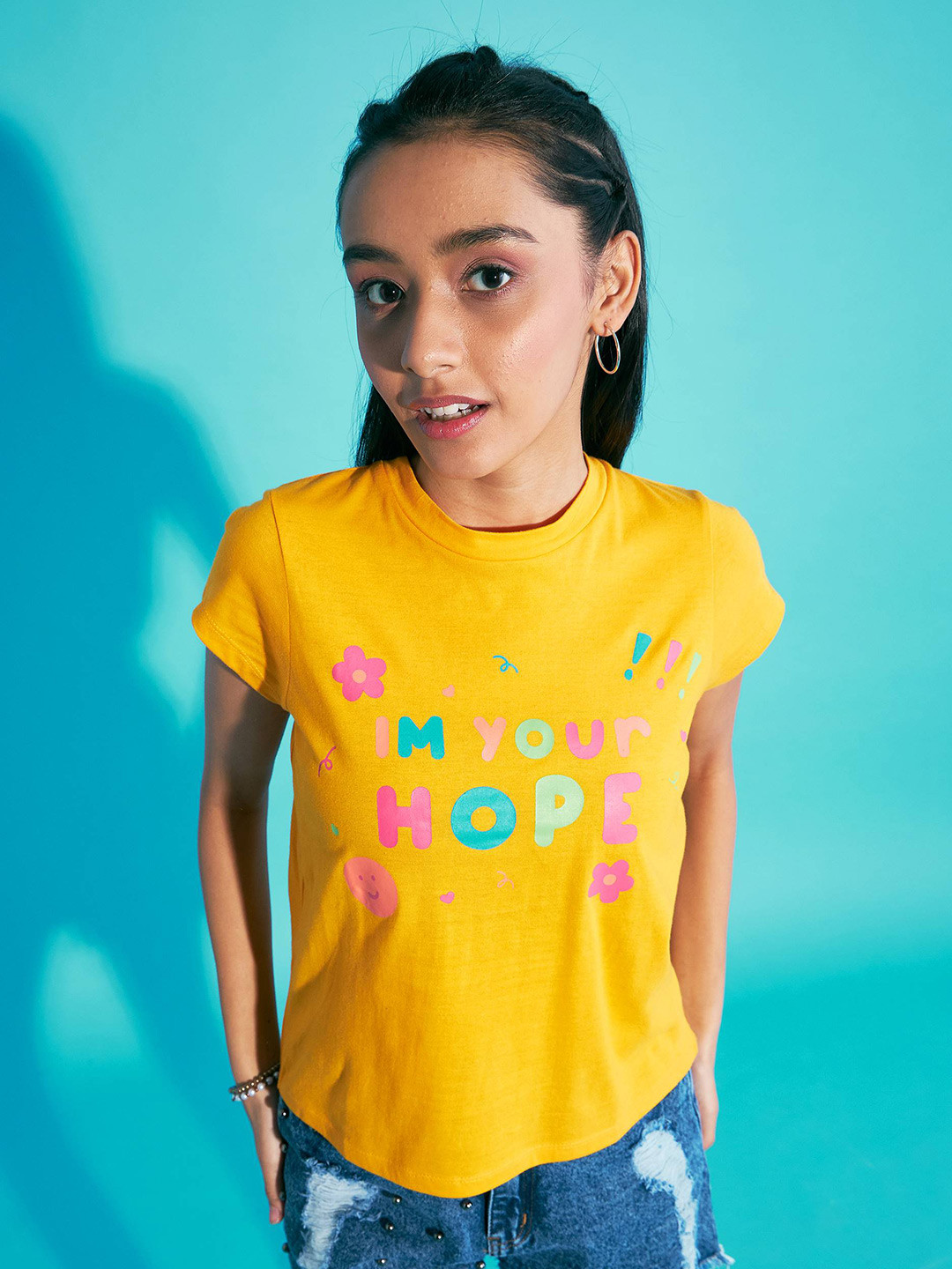 

Noh.Voh - SASSAFRAS Kids Girls Graphic Printed Round Neck Pure Cotton Crop T-shirt, Mustard