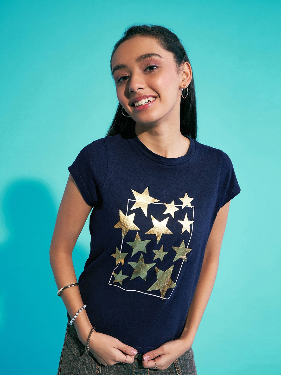 

Noh.Voh - SASSAFRAS Kids Girls Conversational Printed Round Neck Cotton T-Shirt, Navy blue