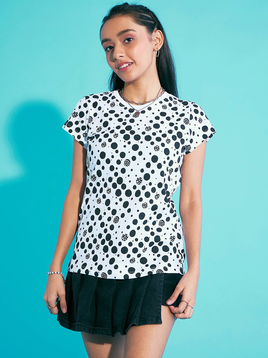 

Noh.Voh - SASSAFRAS Kids Girls Polka Dots Printed T-Shirt With Pleated Skorts Co-Ords, Black