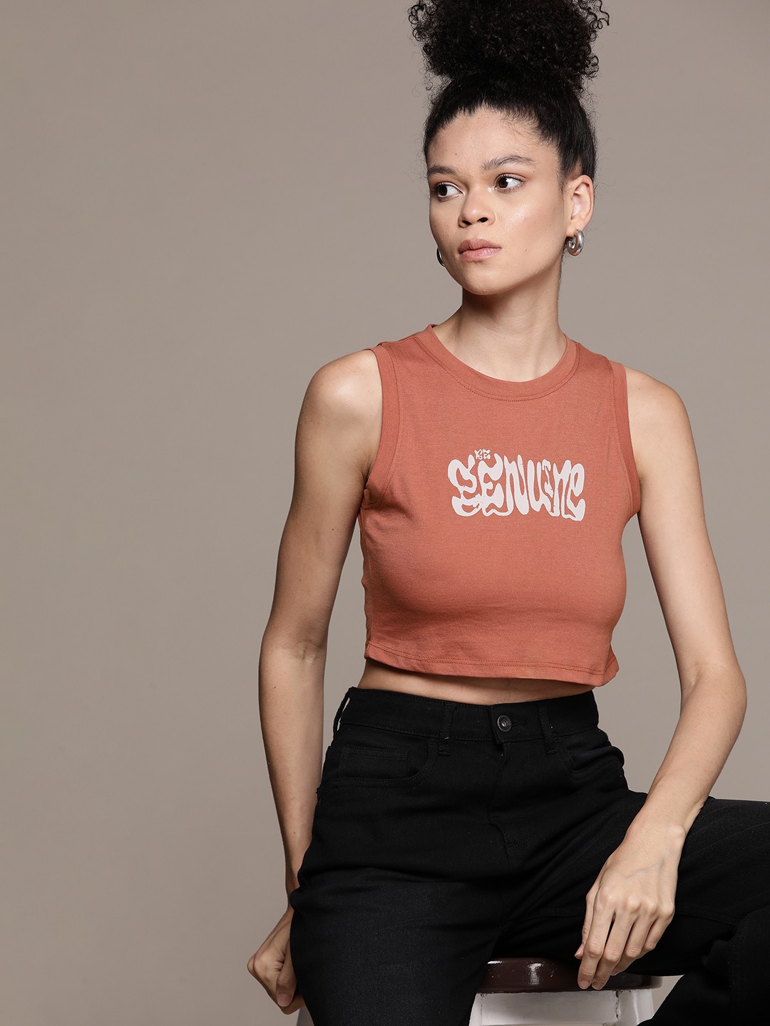 

Roadster The Lifestyle Co. Typography Printed Cotton Crop Top, Brown