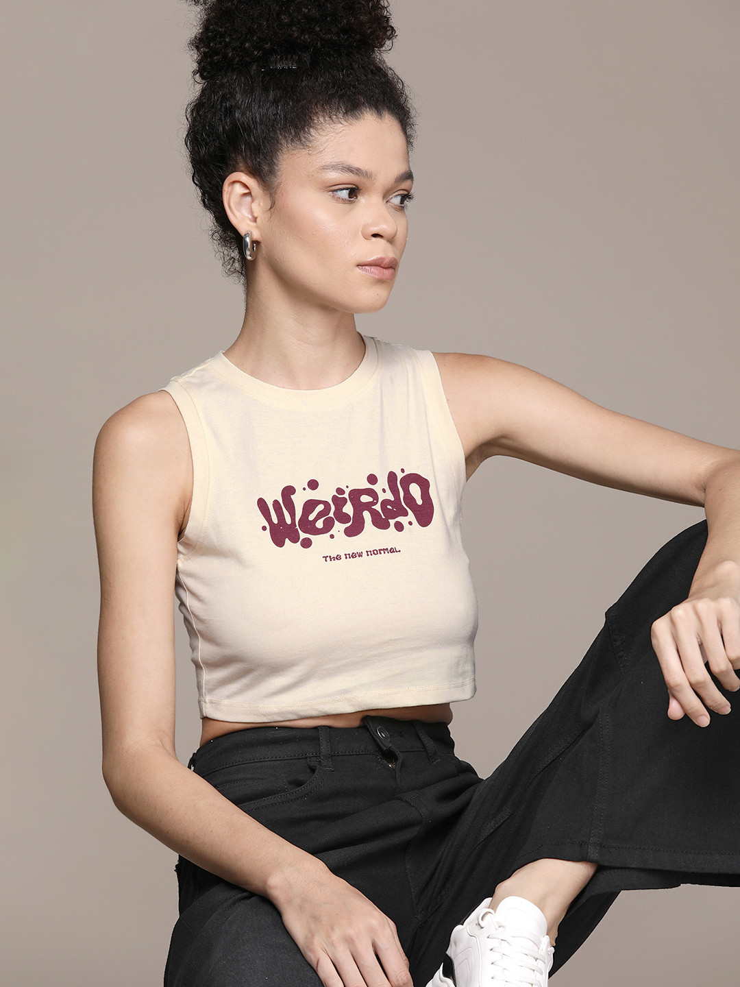 

Roadster The Lifestyle Co. Typography Printed Cotton Crop Top, Beige