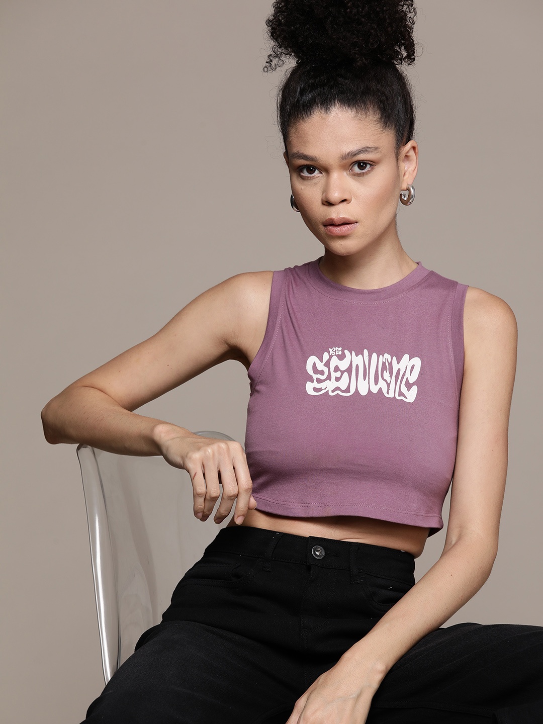 

Roadster The Lifestyle Co. Typography Printed Cotton Crop Top, Mauve