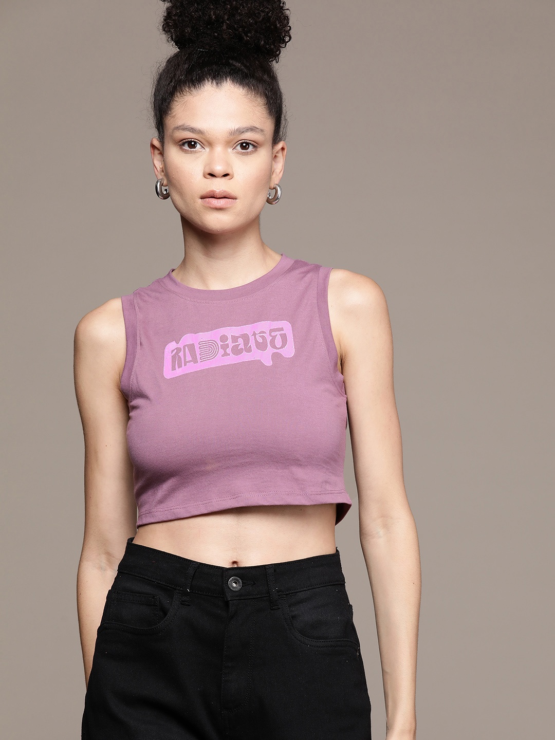 

Roadster The Lifestyle Co. Typography Printed Cotton Crop Top, Mauve