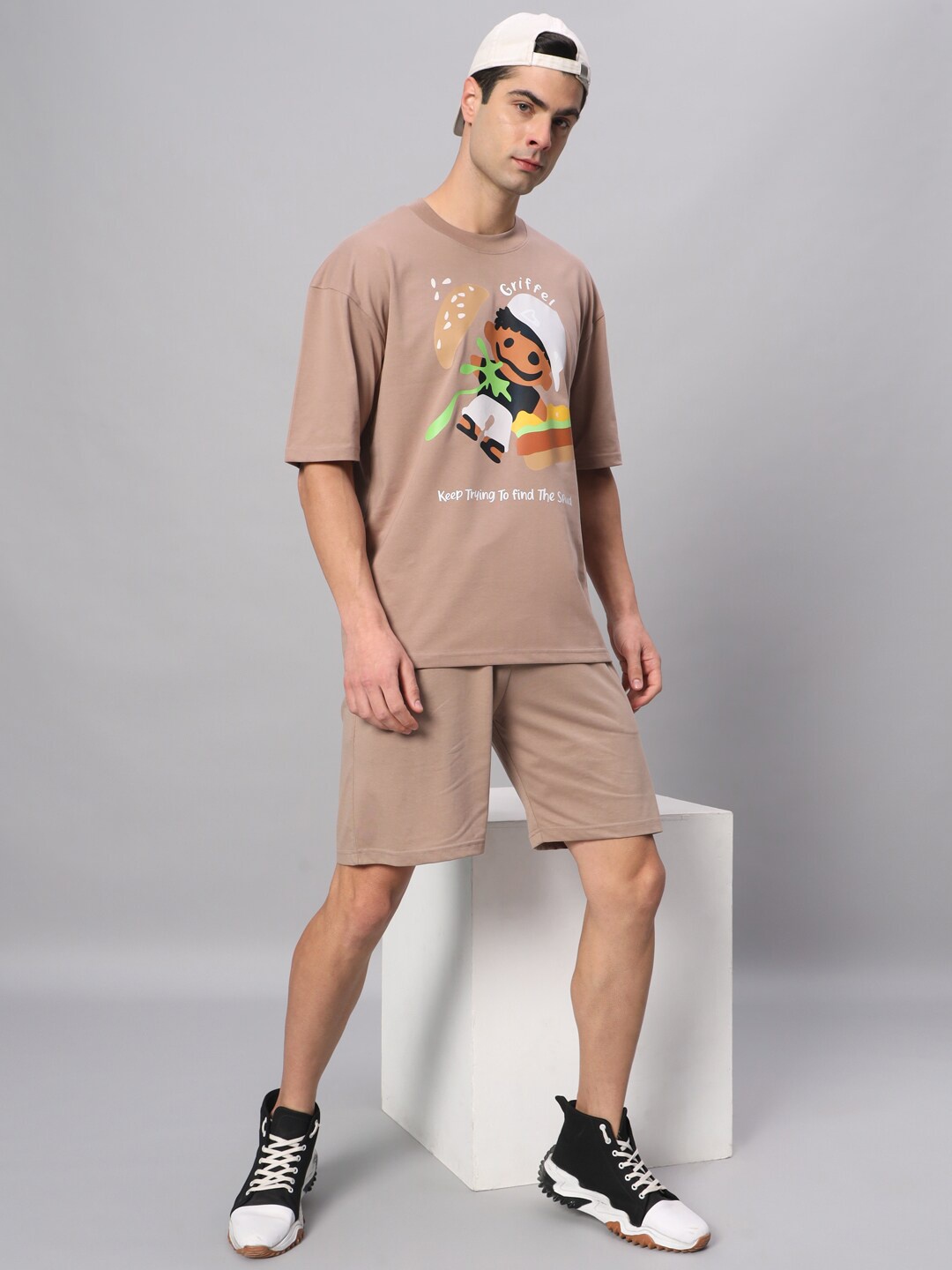 

GRIFFEL Printed Pure Cotton T-shirt With Shorts Co-Ords, Camel brown