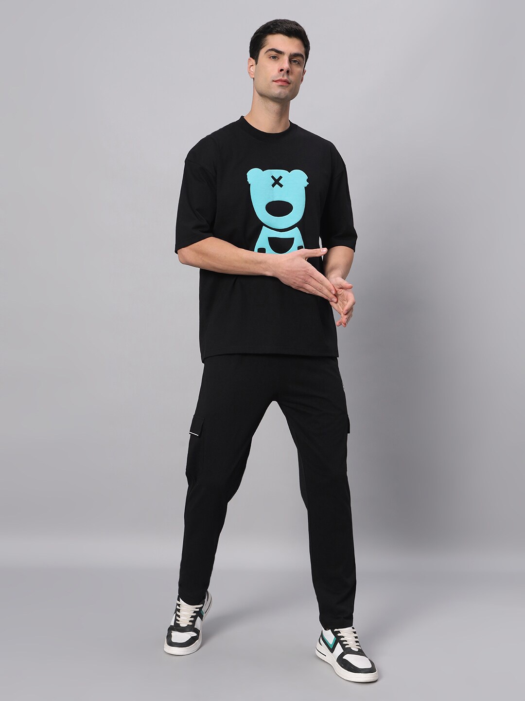

GRIFFEL Teddy Bear Printed Pure Cotton T-shirt With Cargo Pant, Black