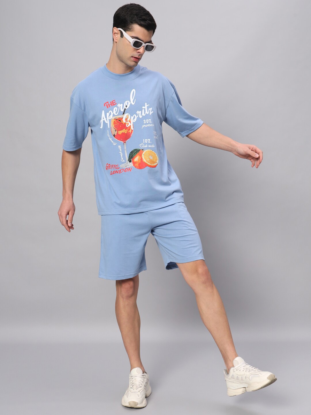 

GRIFFEL Printed Pure Cotton T-shirt With Shorts Co-Ords, Blue