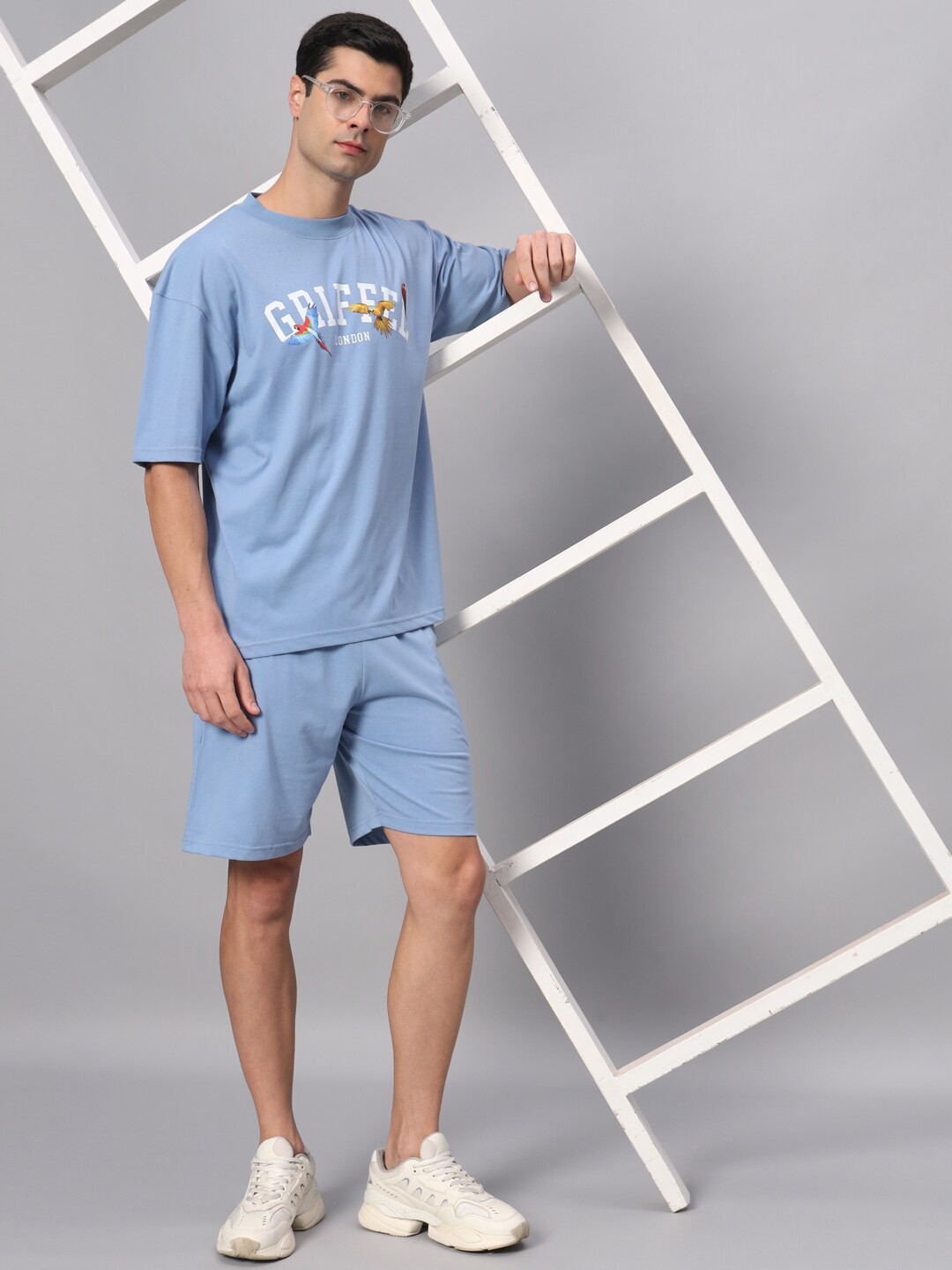 

GRIFFEL Printed Pure Cotton T-shirt & Shorts, Blue