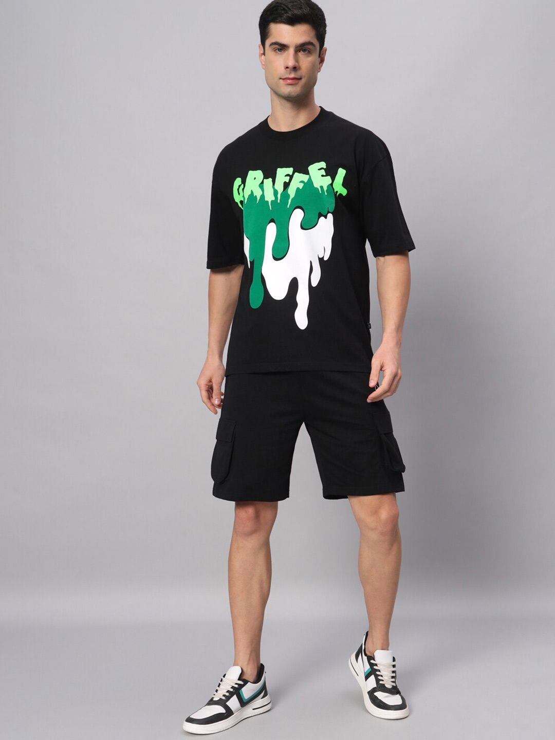 

GRIFFEL Typography Printed Pure Cotton T-shirt With Shorts, Black