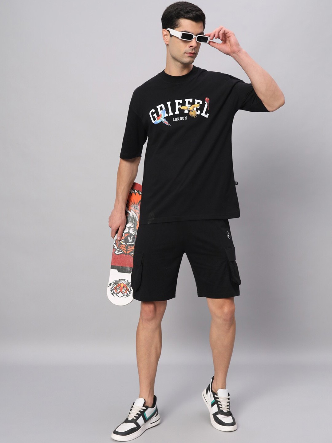 

GRIFFEL Printed Pure Cotton T-shirt & Shorts, Black
