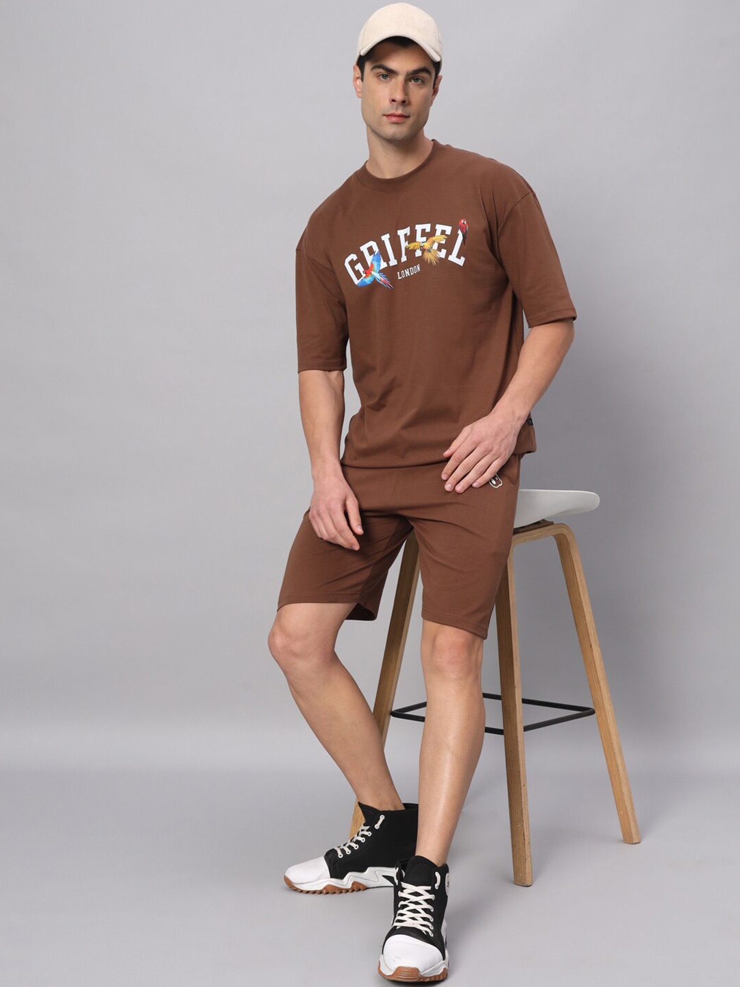 

GRIFFEL Printed Pure Cotton T-shirt With Shorts Co-Ords, Camel brown