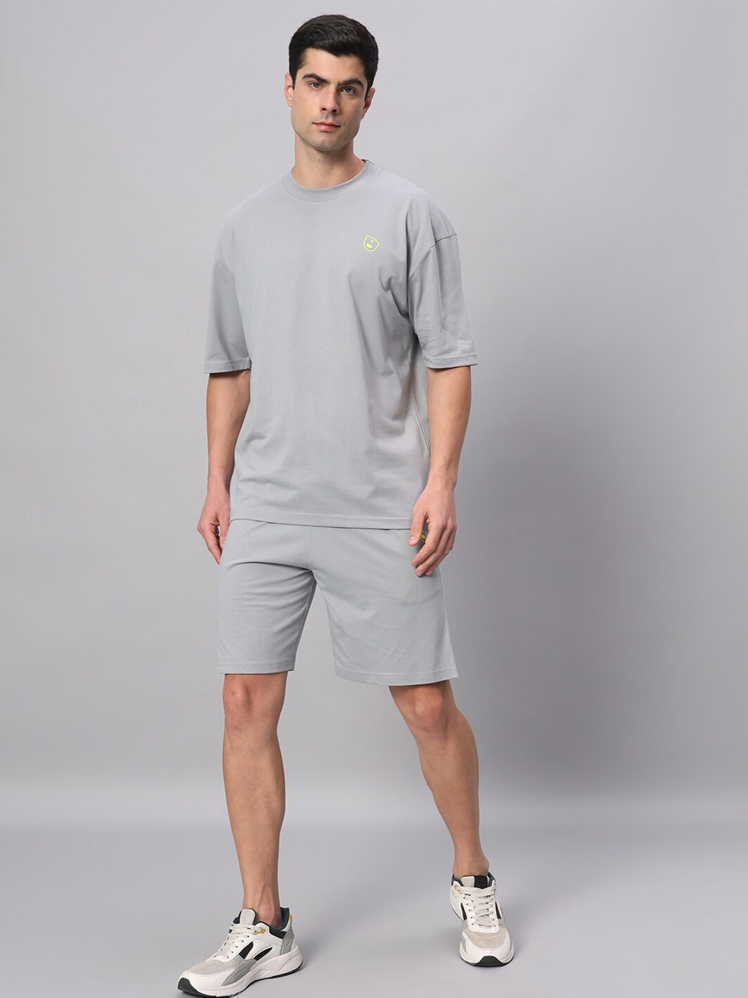 

GRIFFEL Round Neck Pure Cotton T-shirt With Shorts, Grey