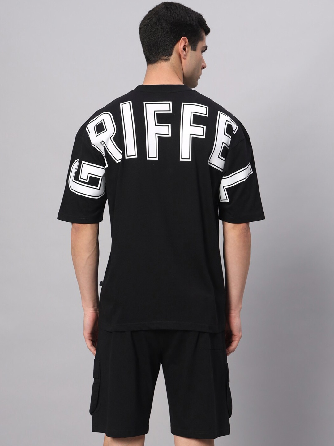 

GRIFFEL Printed Pure Cotton T-shirt With Shorts Co-Ords, Black