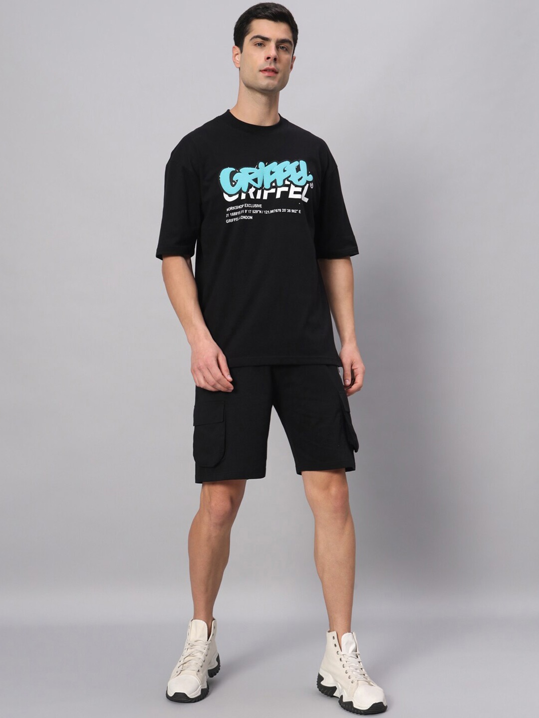 

GRIFFEL Printed Pure Cotton T-shirt With Shorts, Black