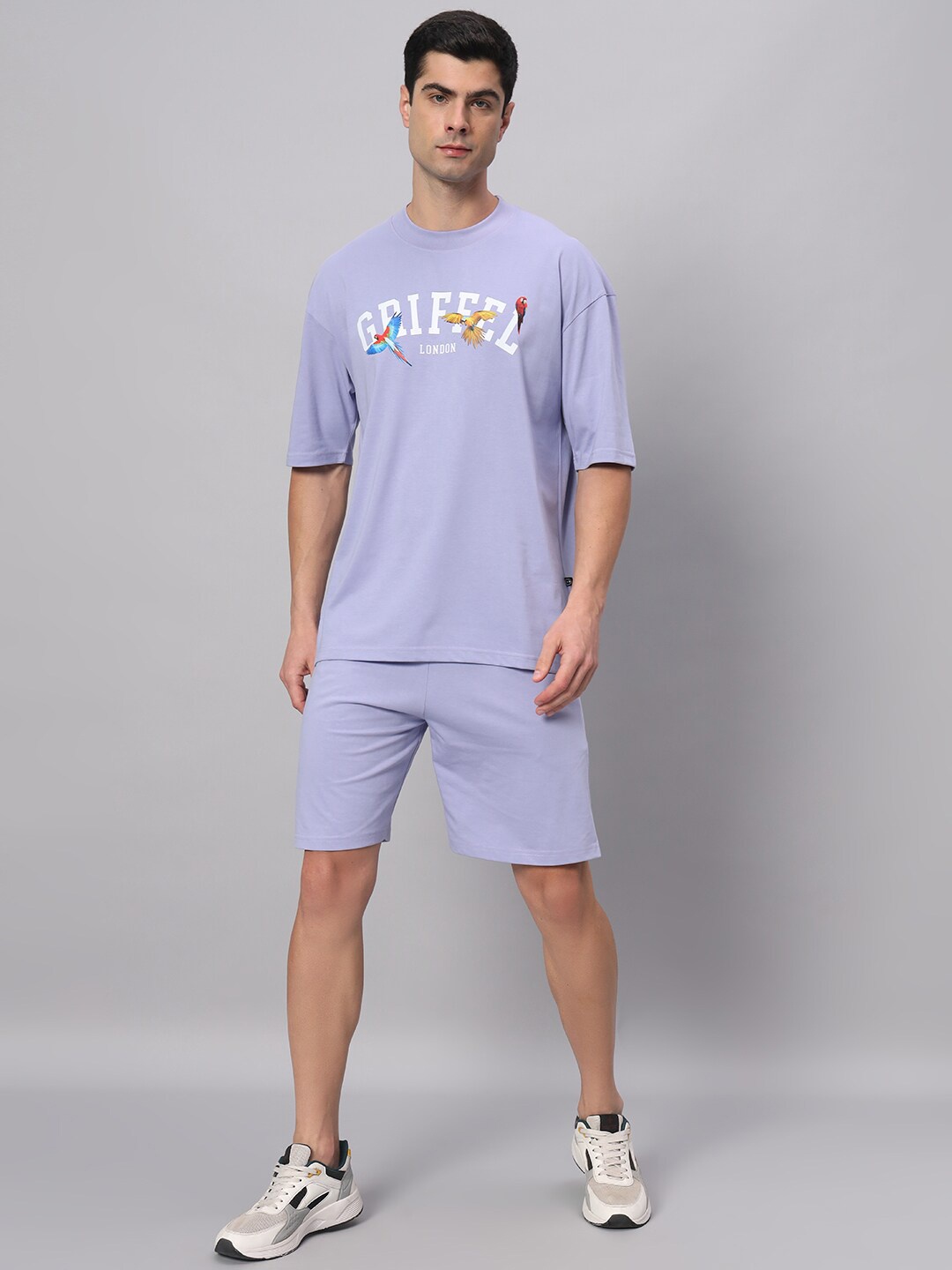 

GRIFFEL Printed Pure Cotton T-shirt With Shorts Co-Ords, Purple