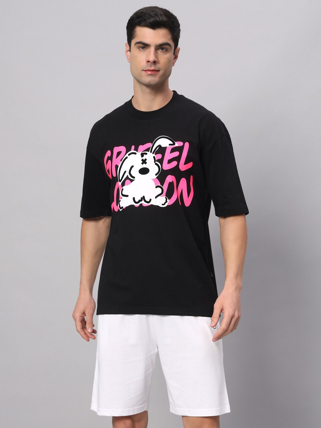 

GRIFFEL Printed Pure Cotton T-shirt With Shorts Co-Ords, Black
