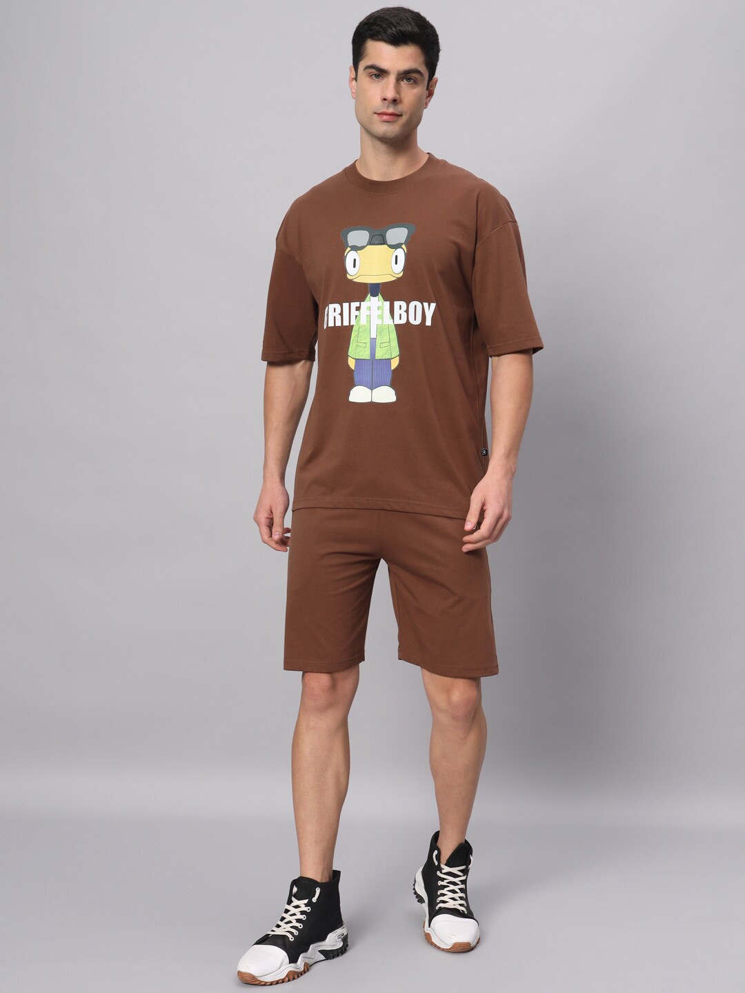 

GRIFFEL Printed Pure Cotton T-shirt With Shorts Co-Ords, Camel brown