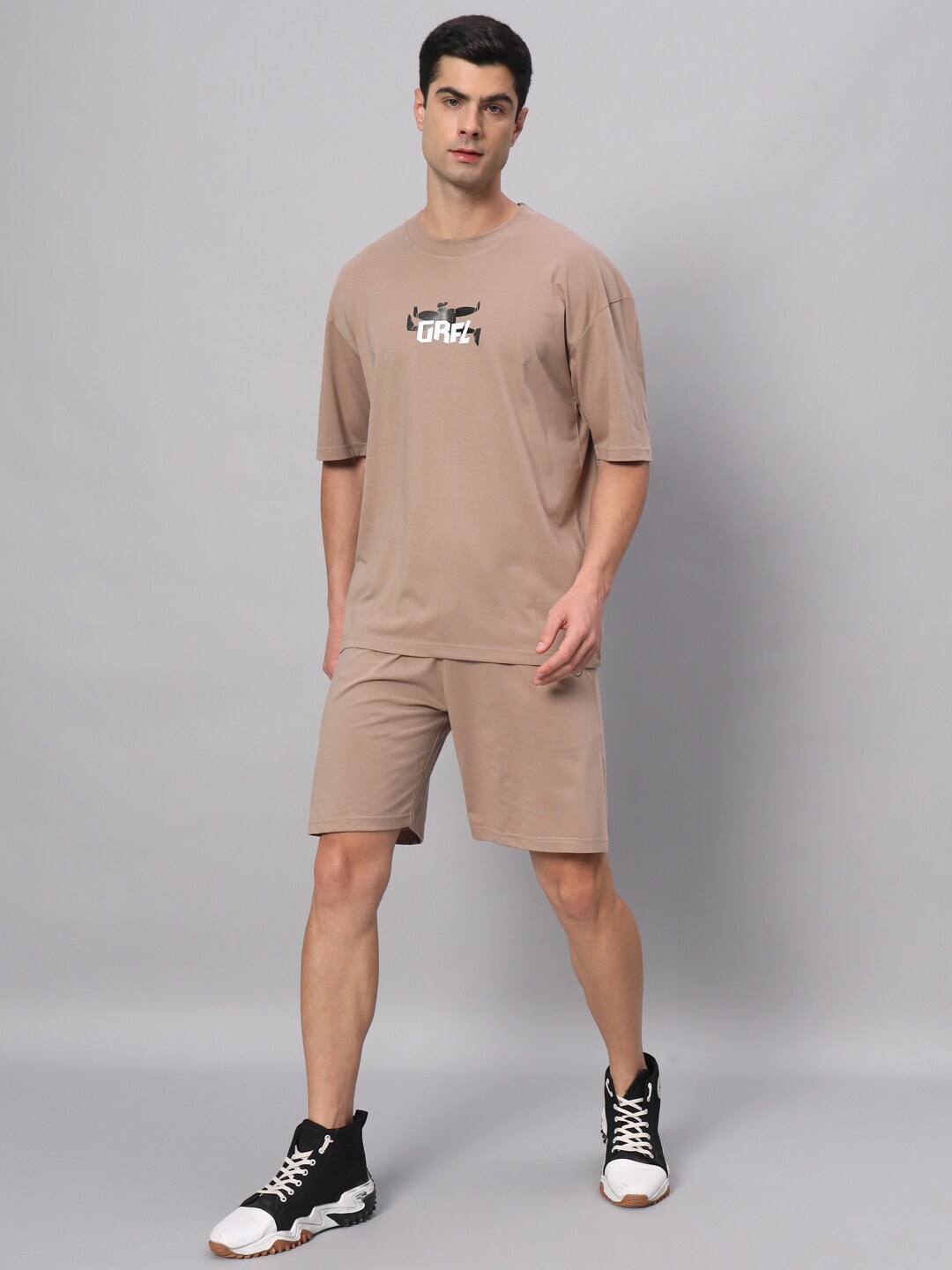 

GRIFFEL Printed Pure Cotton T-shirt With Shorts Co-Ords, Camel brown