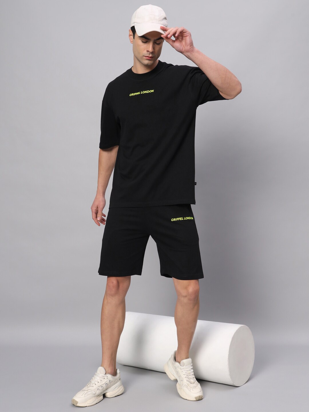 

GRIFFEL Drop Shoulder Sleeves Pure Cotton Pure Cotton T-shirt & Shorts, Black