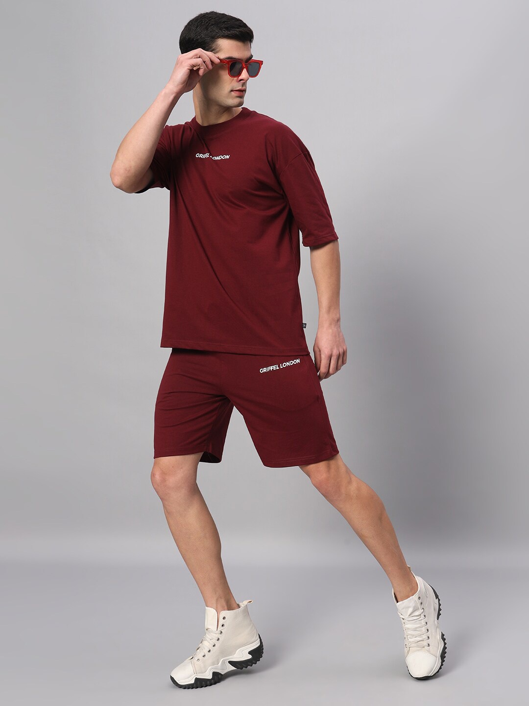 

GRIFFEL Printed Detailed Pure Cotton T-shirt & Shorts, Maroon
