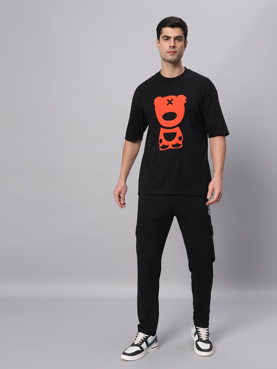 

GRIFFEL Printed Pure Cotton T-shirt With Shorts Co-Ords, Black