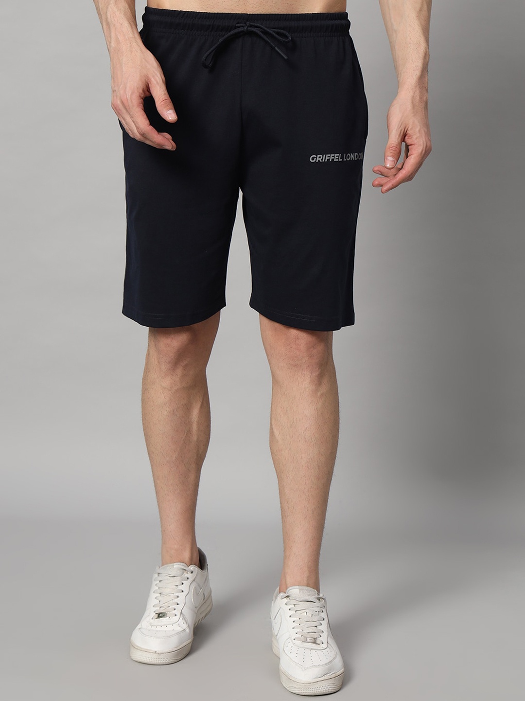 

GRIFFEL Men High Rise Cotton Shorts, Navy blue