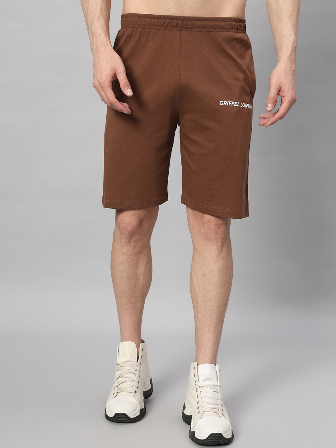 

GRIFFEL Men High-Rise Cotton Sports Shorts, Camel brown