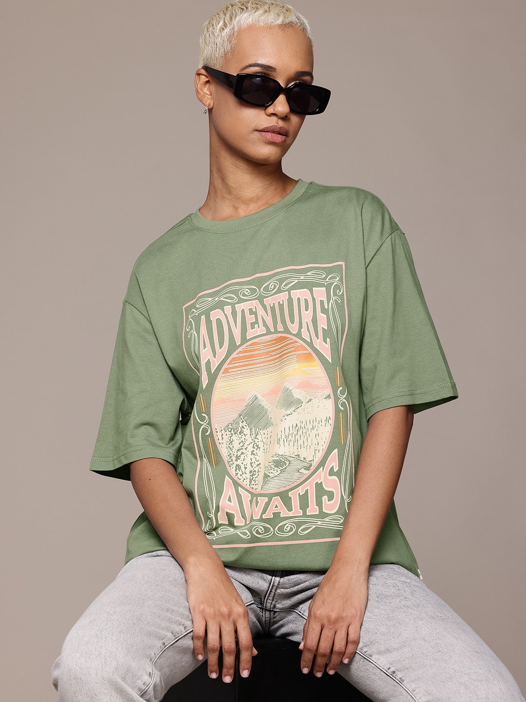 

The Roadster Lifestyle Co. Printed Oversized Pure Cotton T-shirt, Green