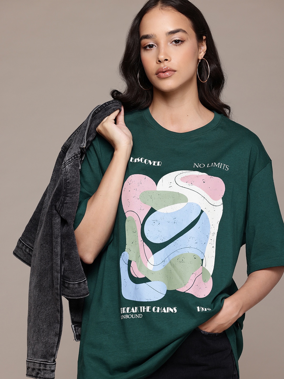 

The Roadster Lifestyle Co. Women Graphic Print Pure Cotton Oversized T-shirt, Green