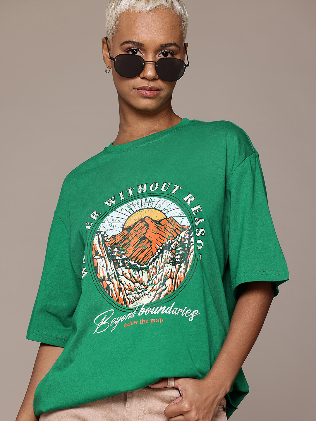 

The Roadster Lifestyle Co. Printed Oversized Pure Cotton T-shirt, Green