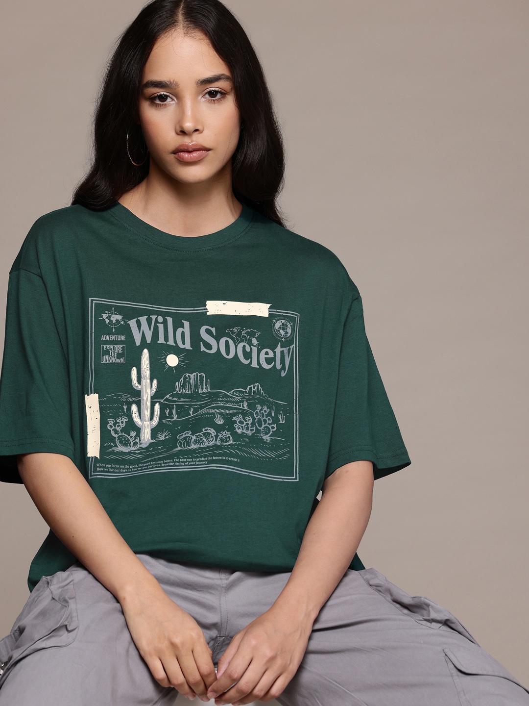 

The Roadster Lifestyle Co. Printed Oversized Pure Cotton T-shirt, Green