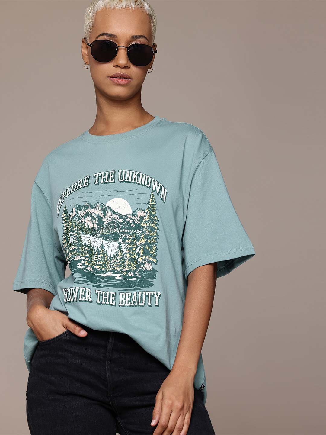 

The Roadster Lifestyle Co. Printed Oversized Pure Cotton T-shirt, Blue