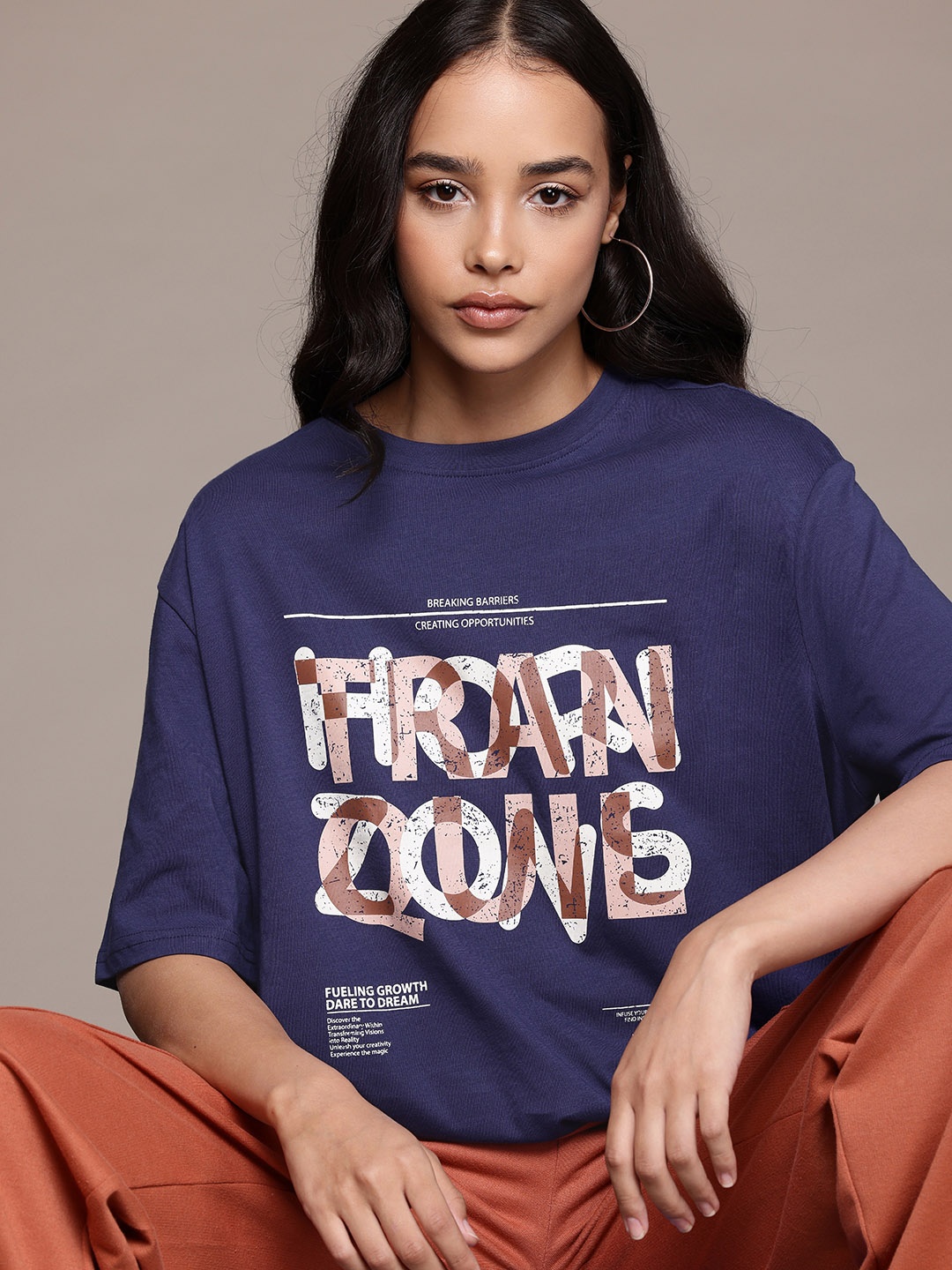 

The Roadster Lifestyle Co. Women Printed Pure Cotton Oversized T-shirt, Navy blue